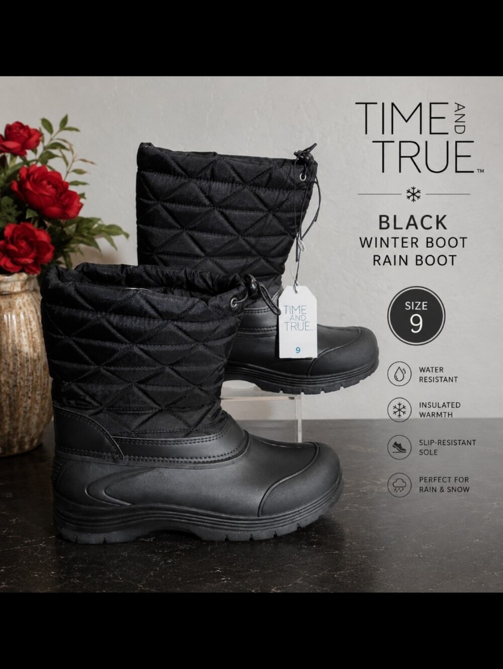 TIME and TRUE Black Winter Boot Rain Boot 9